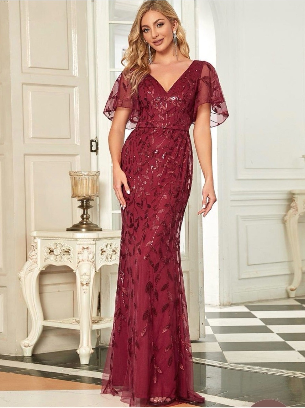 Ever Pretty Elegant Burgundy V-Neck Leaf Sequin Fishtail Maxi Gown Size 8 NWT